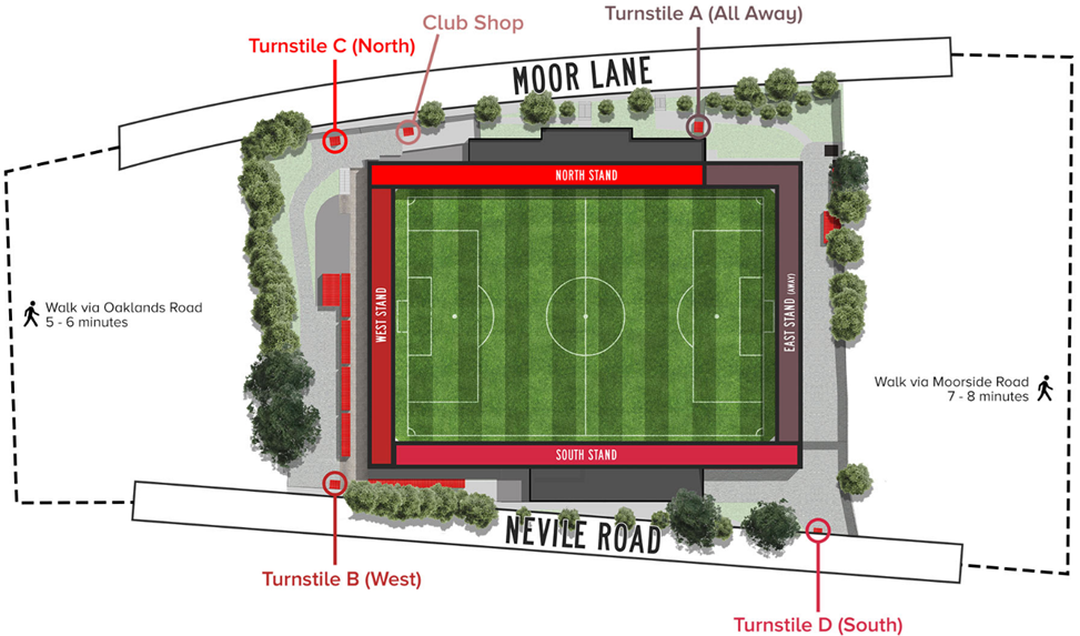 Matchday map of Salford City's Moor Lane ground: the pitch ringed by stands, with the turnstiles, club shop and away entrance marked, and the Moor Lane and Nevile Road approaches.