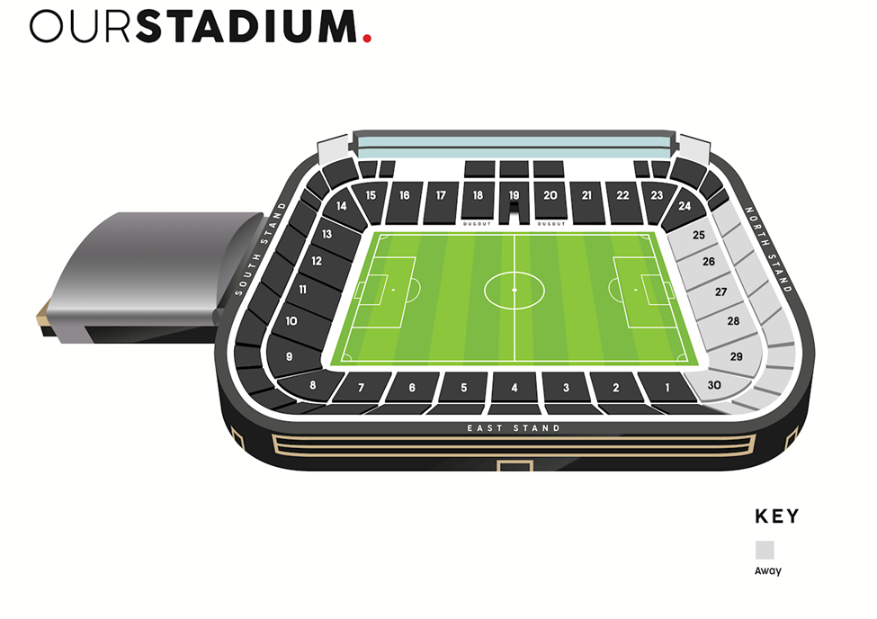 Seating plan of the stadium bowl, with numbered seating blocks 1 to 30 around the pitch, the South Stand and East Stand labelled, and a key marking the away section.