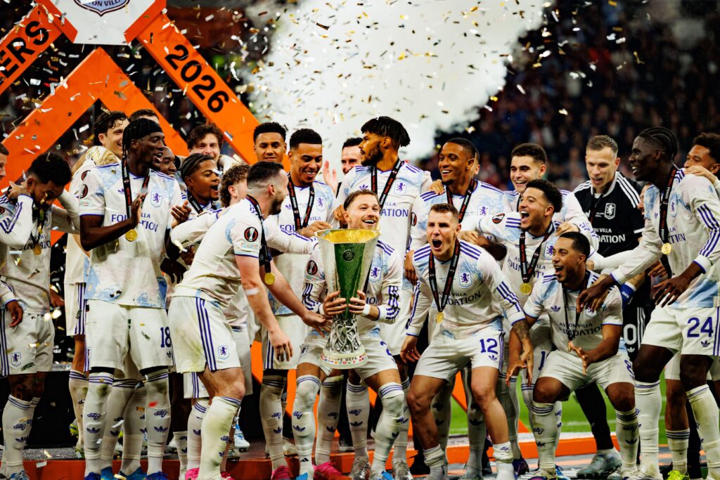 Aston Villa celebrate winning the Europa League