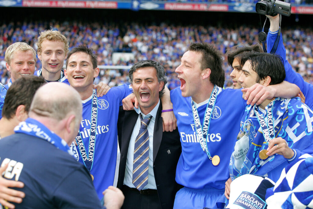Jose Mourinho celebrates winning the Premier League with Chelsea