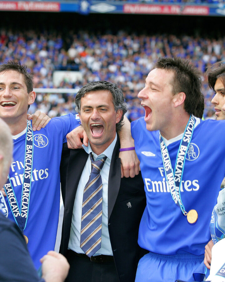 Jose Mourinho celebrates winning the Premier League with Chelsea